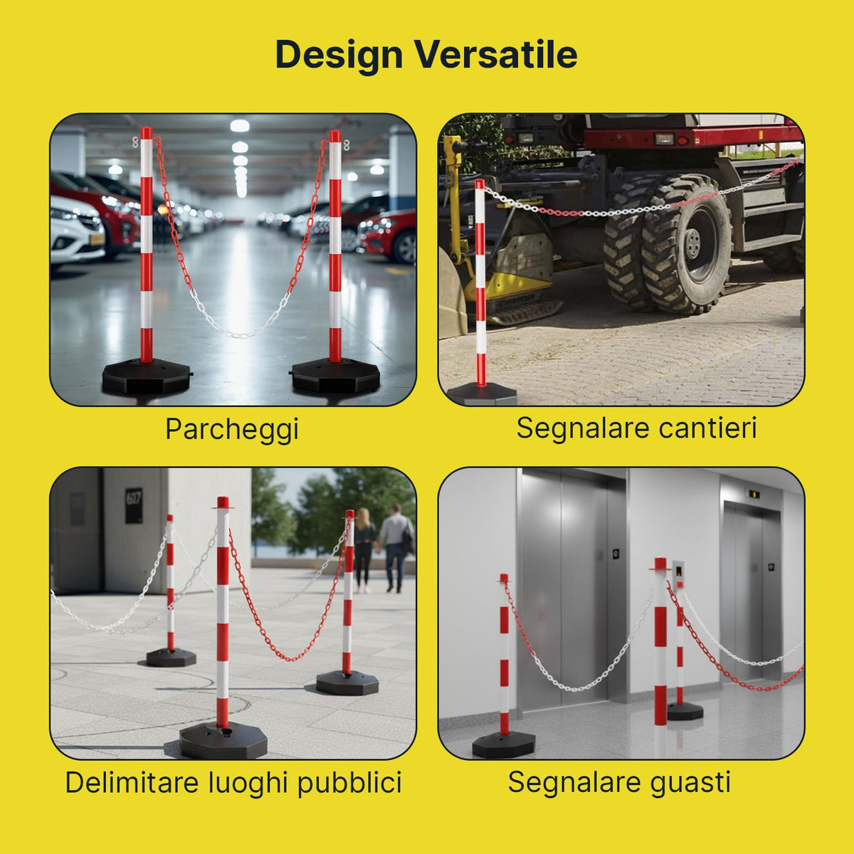 Paletti Segnaletici con Catena 2 Metri Set 4 Colonnine Ben Visibili