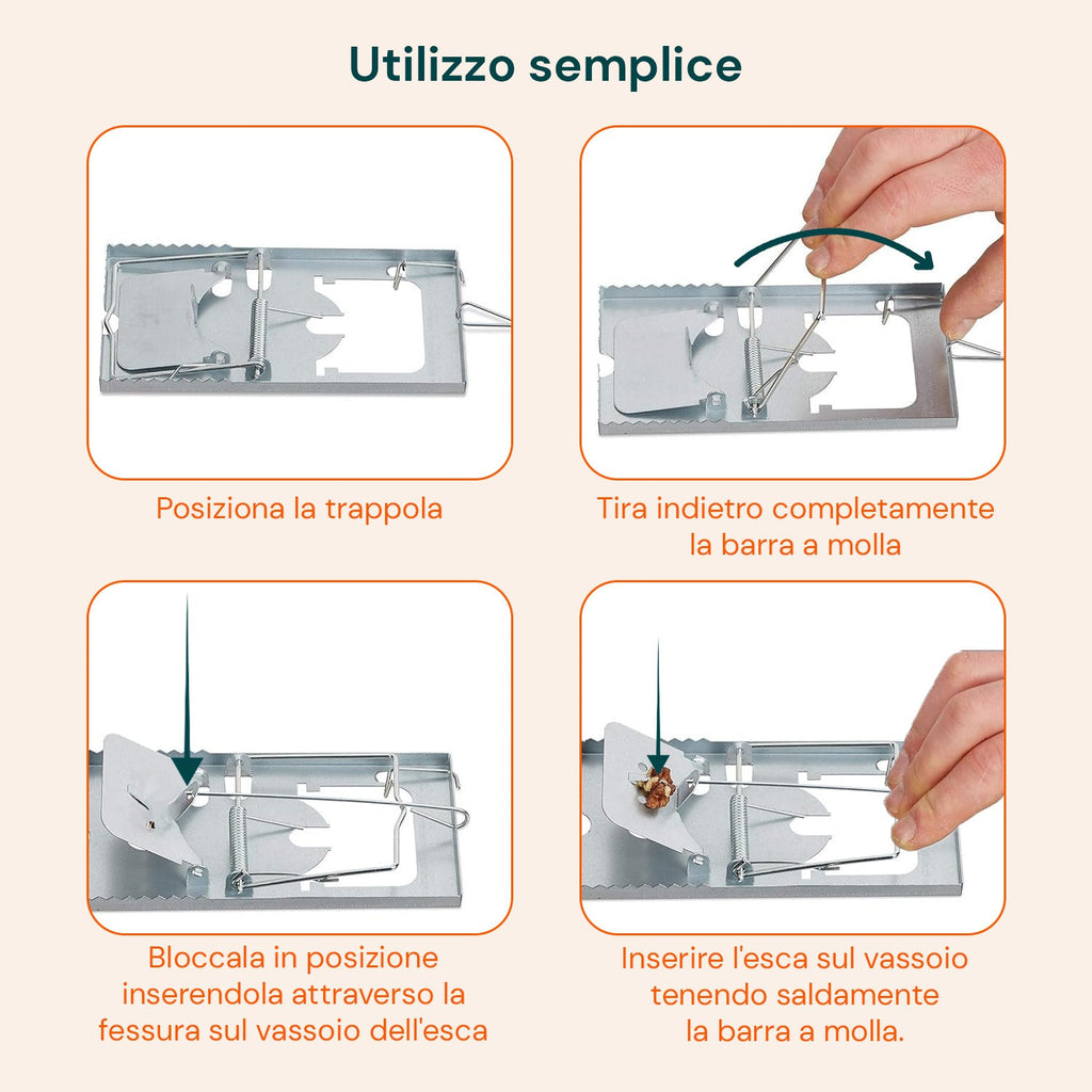 Set di 2 Trappole per Topi a Scatto in Metallo per Interni ed Esterni