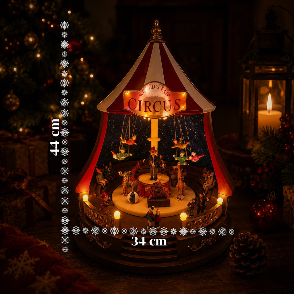 Carillon Natalizio Animato CircoJoy con Luci LED e Musica, Tendone Circo Ø34 x A44 cm in Plastica, Scena Rotante, Alimentazione USB o a Batterie