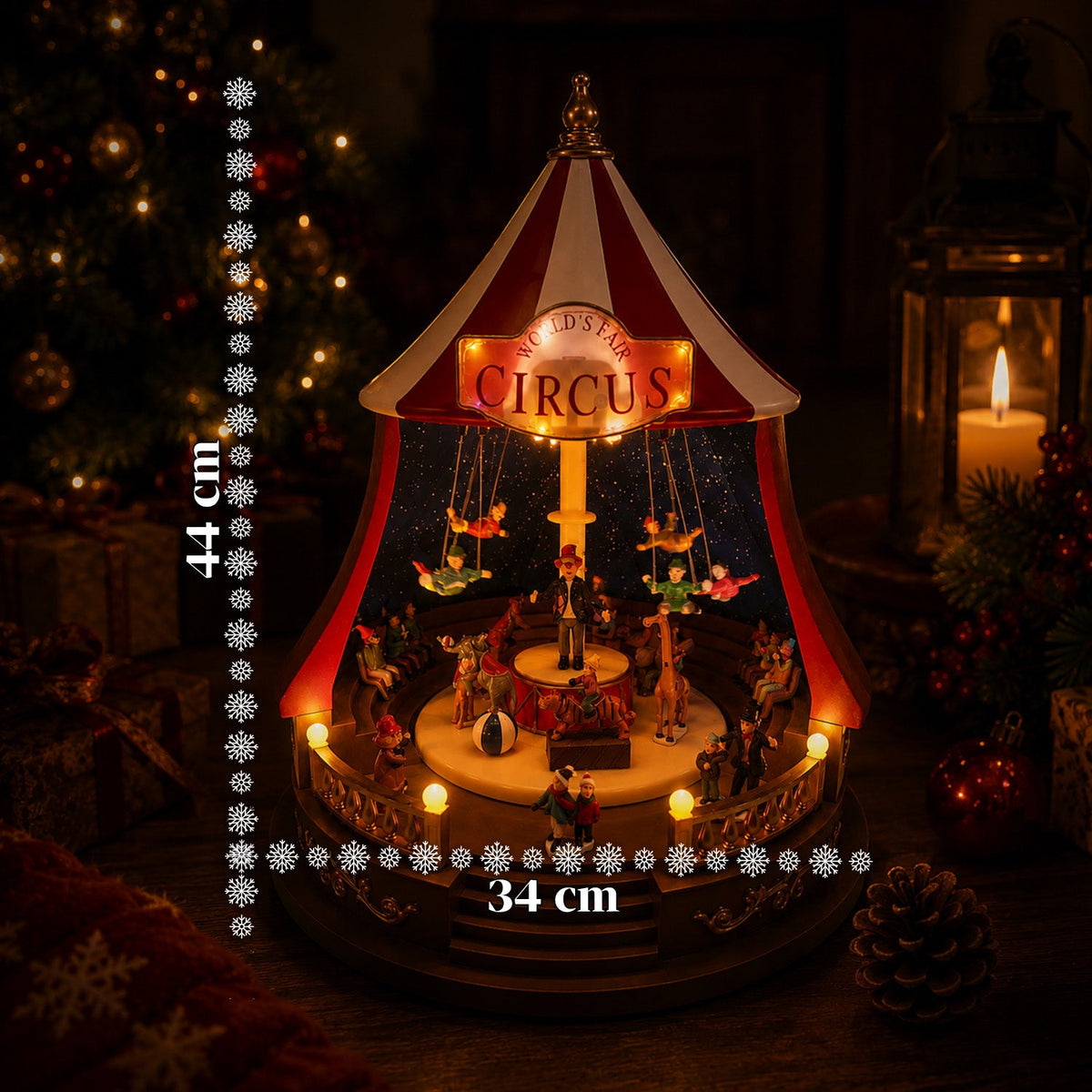 Carillon Natalizio Animato CircoJoy con Luci LED e Musica, Tendone Circo Ø34 x A44 cm in Plastica, Scena Rotante, Alimentazione USB o a Batterie