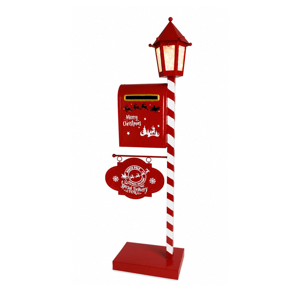 DeerPost Cassetta Postale Natalizia con Lanterna a LED e Sportello Posteriore, Decorazione in Metallo con Cartello Pendente, Altezza 92,5 cm