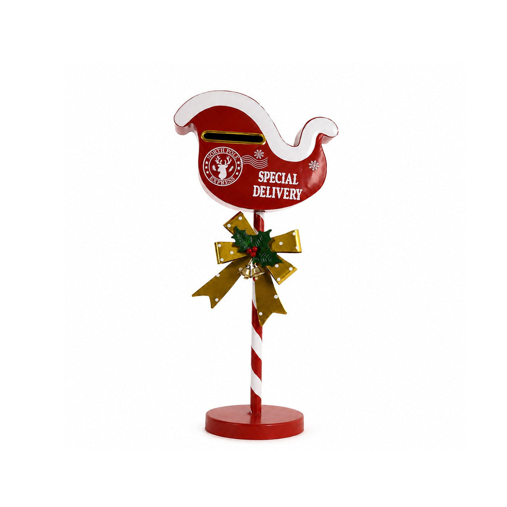 FlyPost, cassetta per lettere natalizia a forma di slitta, in metallo, dimensioni 23x14x50 cm, grande capacità, fiocco dorato, base d'appoggio