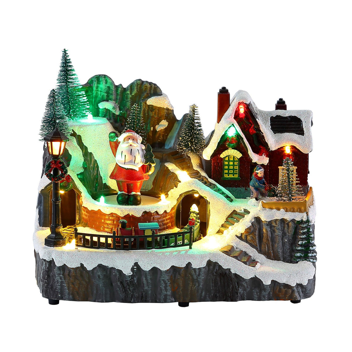LitVille Villaggio di Natale Illuminato a LED con Trenino in Movimento e Babbo Natale Rotante, 8 Melodie Natalizie, 23x15x18 cm, a Batteria