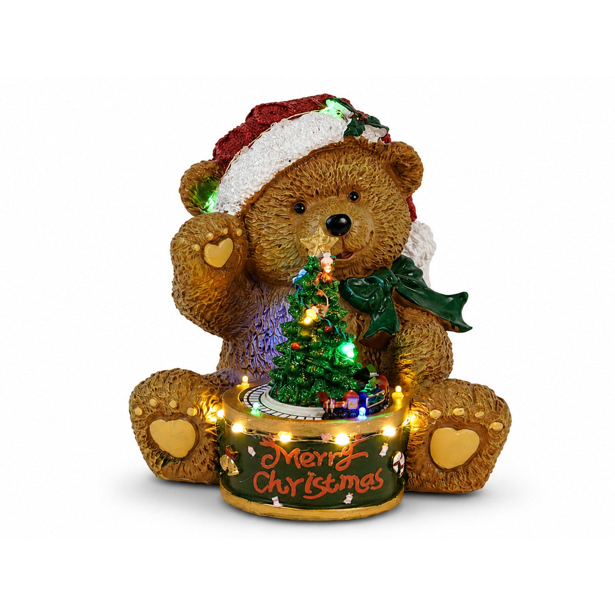 Orsetto di Natale Luminoso con Trenino Rotante e Carillon, Teddy XMAS Bear Station, Decorazione Natalizia LED in Poliresina 20,5 cm