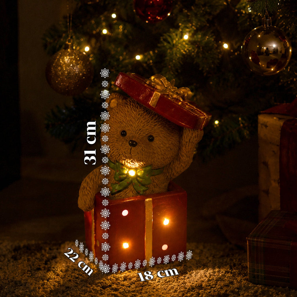 Orsetto natalizio in poliresina con pacco regalo, 2 varianti, luci LED a punti, alimentazione a batterie, finiture curate, base stabile
