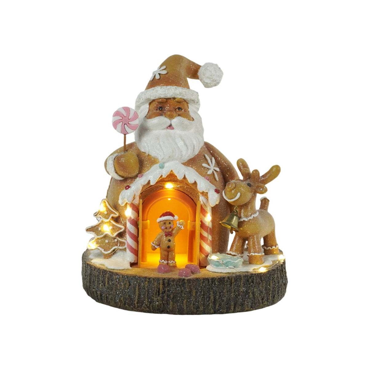 Babbo Natale Pan di Zenzero - Decorazione Natalizia Babbo Natale Pan di Zenzero con Luci LED, Musica e Porta Apribile, Casetta Luminosa in Resina 20,6 cm
