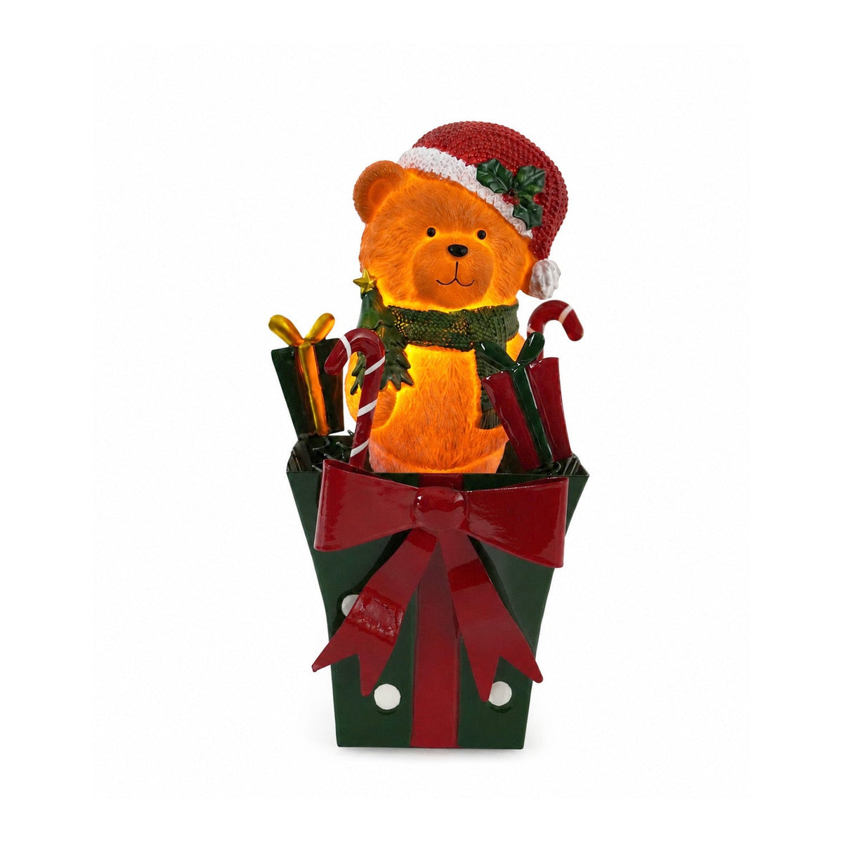 Teddy BearGift, orsetto natalizio luminoso in confezione regalo, luce LED calda, dimensioni 15x15x25,5 cm, alimentazione a batterie