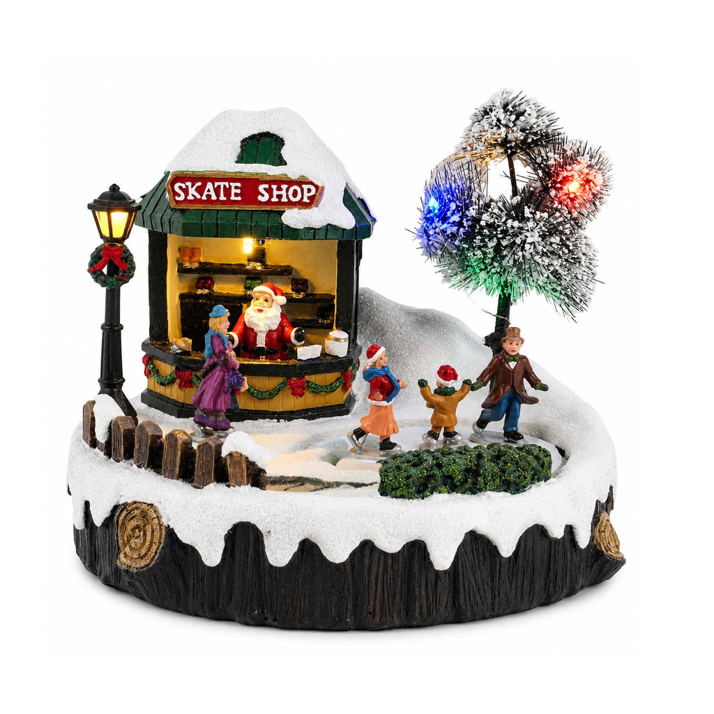 Villaggio di Natale luminoso GlideRink, pista di pattinaggio animata con musica e luci LED, decorazione in resina 20,8x20,7x17,2 cm, a batterie AA
