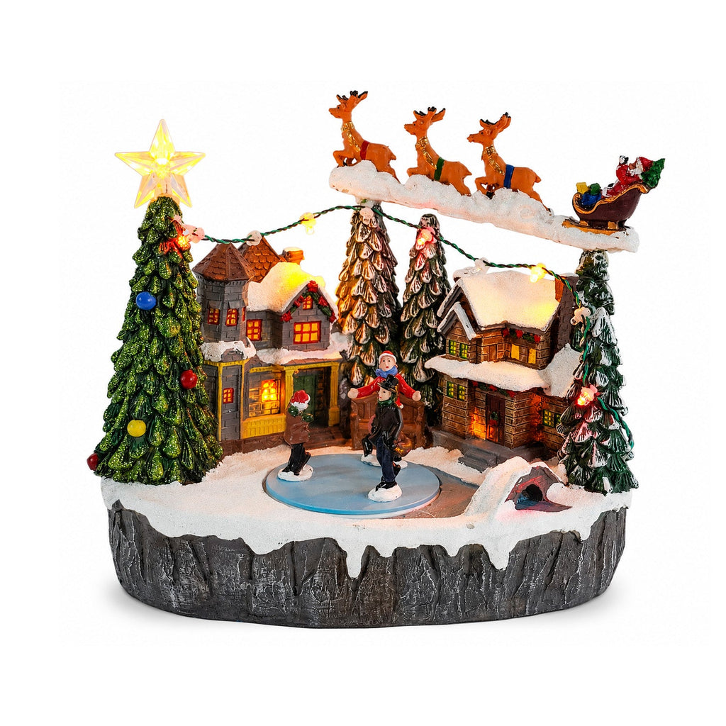 Villaggio Natalizio Luminoso Snowtime con Pista di Pattinaggio Animata, Luci LED e Musica, Slitta di Babbo Natale, Poliresina 21,5x15,8x22,5 cm