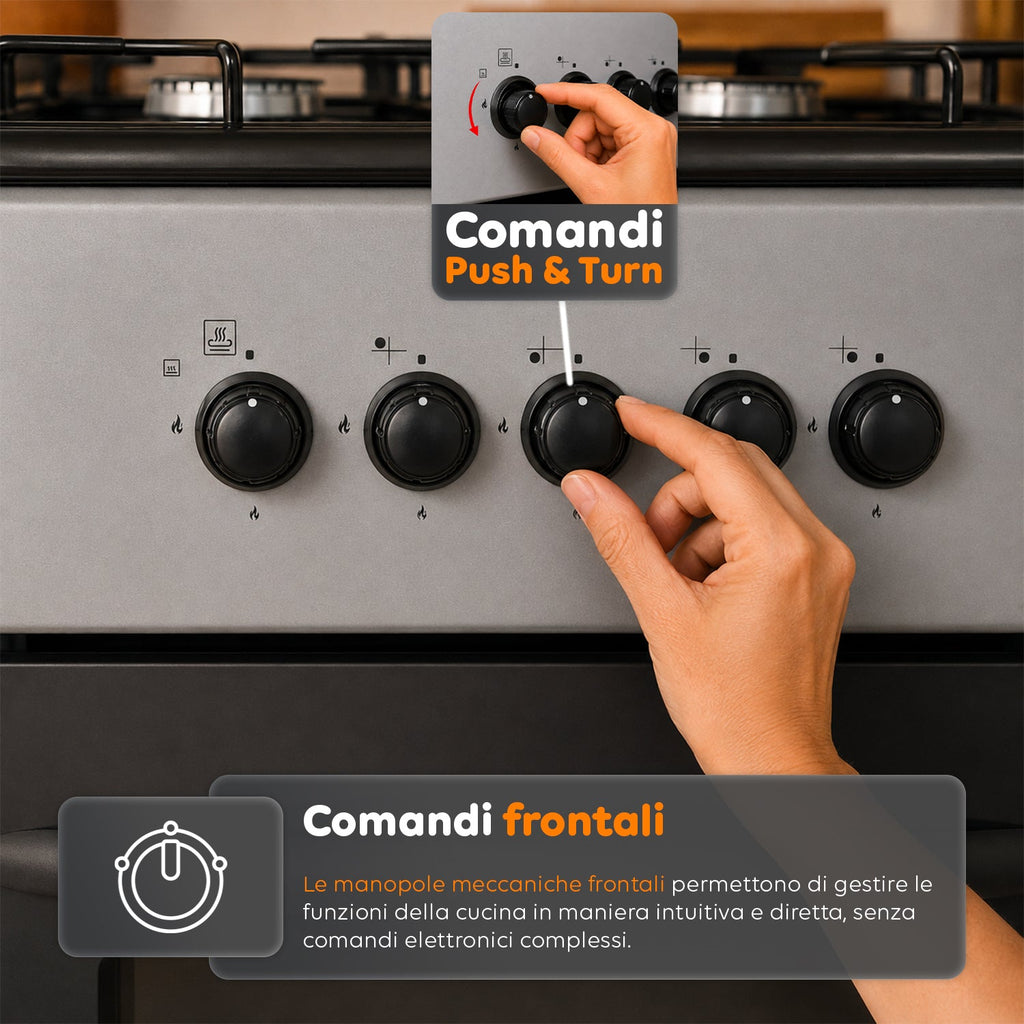 Cucina a Gas 50x50 cm con Forno a Gas 49 Litri, 4 Fuochi di Diversa Potenza, Valvole di Sicurezza e Coperchio