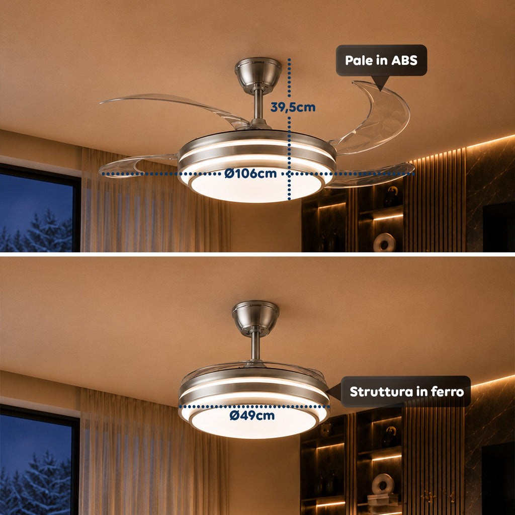 Ventilatore da Soffitto con Pale Richiudibili in Ferro e ABS - 6 Velocità, LED 72W Dimmerabile in 3 Tonalità di Luce Integrata Calda, Naturale e Fredda